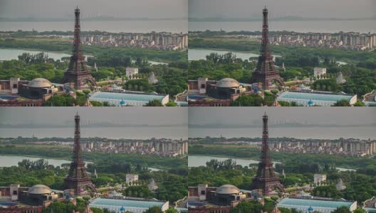 中国深圳城市日光灯公园埃菲尔铁塔全景4k时间推移高清在线视频素材下载