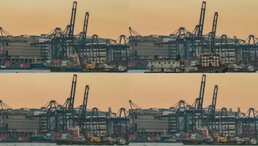 4K延时:香港港口船厂的工作起重机装载桥高清在线视频素材下载