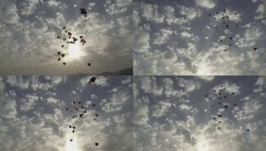 婚礼当天，许多气球在户外飞向天空高清在线视频素材下载