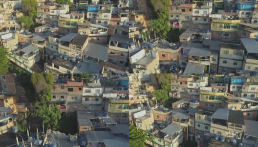 日出时，巴西里约热内卢，一架飞机飞向阳光普照的贫民窟高清在线视频素材下载