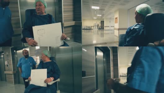 一位老人坐在轮椅上在医院走廊上做手术高清在线视频素材下载