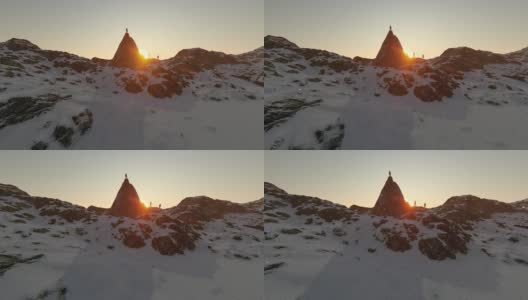 3d动画成功的商人在山区雪景冬季景观自然日落火炬顶端美丽史诗山景自然探索商业成功的概念。高清在线视频素材下载