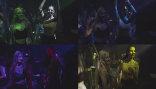 两名年轻女子在夜总会跳舞欢呼，4K DCI慢镜头高清在线视频素材下载