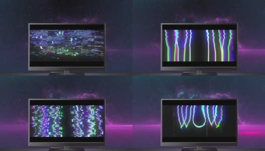 动画发光的哇文字在电视屏幕上发光的紫色背景高清在线视频素材下载