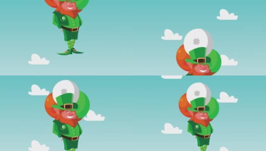 快乐的圣帕特里克日动画与小精灵的角色与气球氦气在景观高清在线视频素材下载