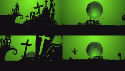 绿色背景上万圣节墓地，鬼魂和满月的动画高清在线视频素材下载