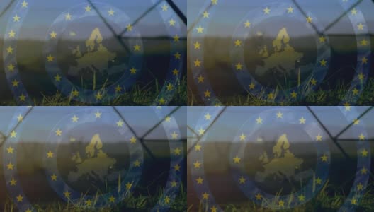 动画欧洲地图与欧洲联盟旗帜的星星在电力塔在现场高清在线视频素材下载