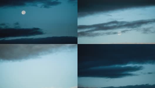 4k超高清的满月穿过蓝色的乌云落下，消失在天空中，被黎明的光线所清除-万圣节和黑暗故事创作的理想背景高清在线视频素材下载