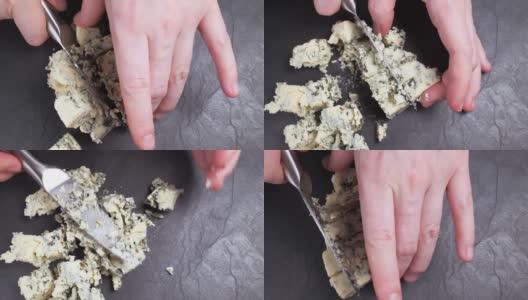 蓝色奶酪切片特写。法国奶酪高清在线视频素材下载