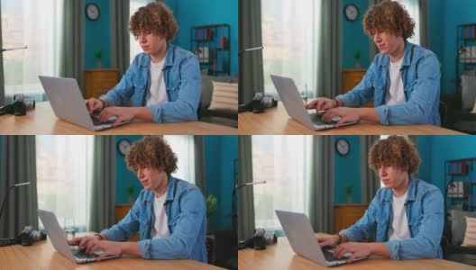 在家教育和学习。一个十几岁的男孩用笔记本电脑学习，观看在线讲座、研讨会和大师课程。微笑的男人与朋友聊天网站交流高清在线视频素材下载
