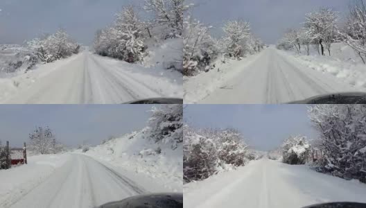 POV驾驶在积雪覆盖的山区乡村道路上高清在线视频素材下载