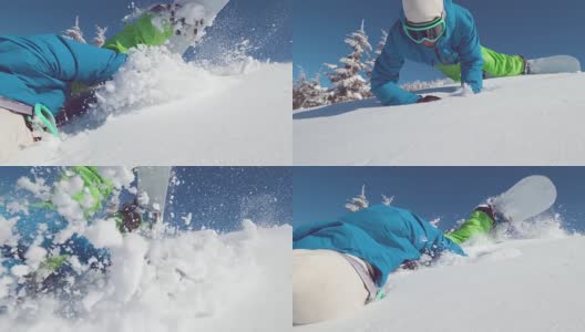 慢动作，特写:极限滑雪板碰撞到未被触及的粉末雪。高清在线视频素材下载