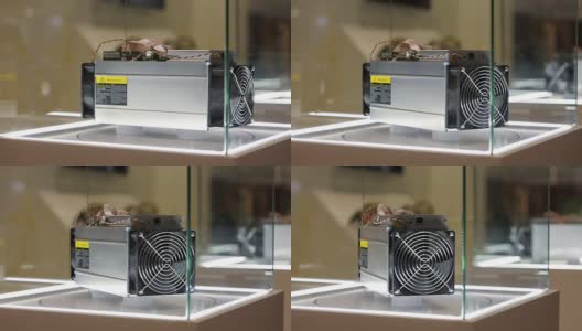 加密货币挖掘设备- ASIC -应用专用集成电路在博览会或展览会的农场摊位上高清在线视频素材下载