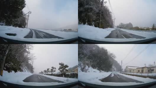 日本鸟取县Misasa 179号公路，冬季雪地里行驶的POV汽车高清在线视频素材下载