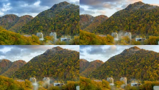 平移拍摄:日本北海道，秋日，4K Time-Lapse 4K慢速摄影Jozankei Onsen镇天际线高清在线视频素材下载