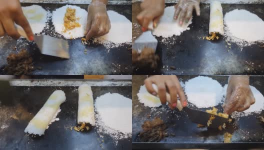 在街头市场准备木薯粉高清在线视频素材下载