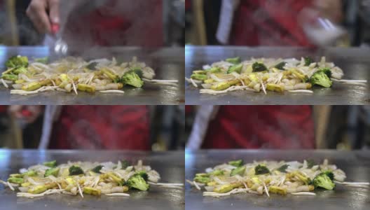 厨师为您烹制日式炸蔬菜烧烤铁板烧yasai itame高清在线视频素材下载