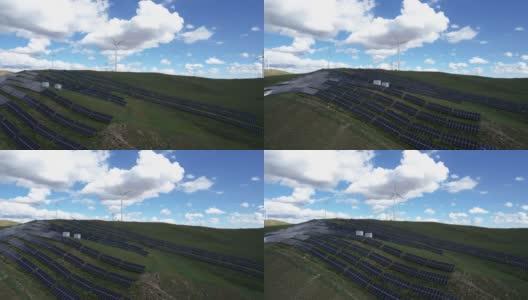 草原上风力涡轮机农场和太阳能电池板的鸟瞰图高清在线视频素材下载