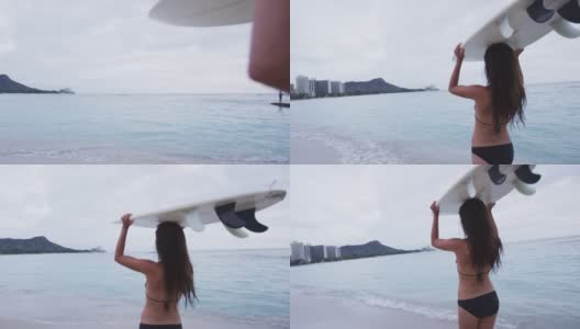 冲浪女孩与冲浪板威基基漫步冲浪高清在线视频素材下载