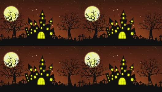 万圣节背景动画的概念闹鬼城堡，月亮和幽灵树高清在线视频素材下载