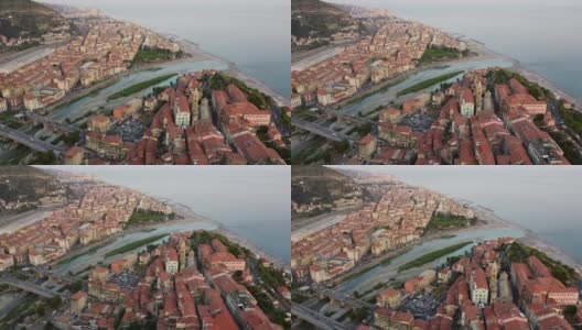 无人机拍摄的意大利利古里亚文提米利亚古城和新城。利古里亚里维埃拉无人机拍摄的美丽鸟瞰图高清在线视频素材下载