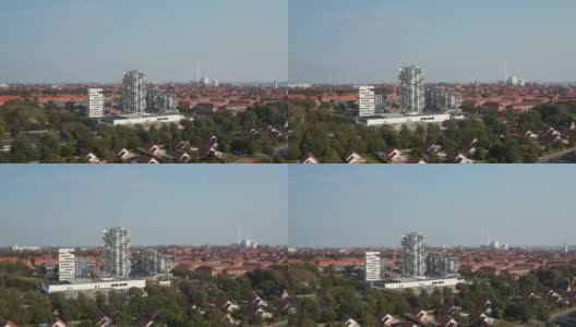 Esbjerg塔楼鸟瞰图，该建筑由三座塔楼组成，其中包括学生住宅和酒店公寓高清在线视频素材下载