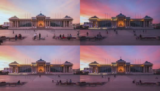 乌兰巴托中部苏赫巴特尔广场上的日落时景，蒙古的首都和最大城市高清在线视频素材下载