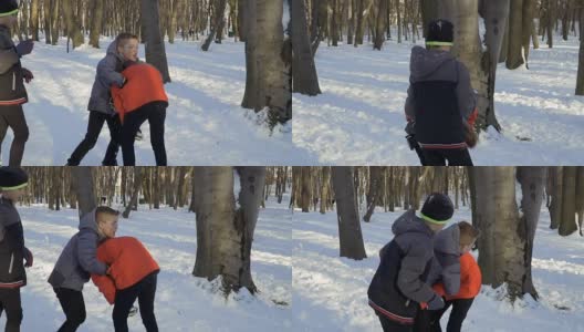 三个小弟弟在冬季公园打架高清在线视频素材下载
