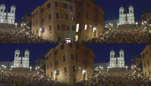 意大利夜晚灯火辉煌著名的罗马西班牙台阶拥挤的全景4k高清在线视频素材下载