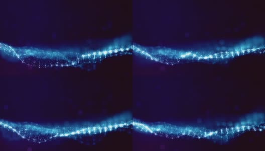 具有HUD数字元素景深的虚拟空间。环蓝色背景说明微观世界或纳米技术。无缝抽象bg粒子形成线，表面和网格。V11高清在线视频素材下载