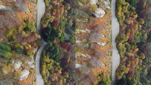 空中鸟瞰图的道路在多彩的乡村秋天的森林。秋天有橙、绿、黄、红的树林。山区街道道路的建立。4k无人机飞行直线下降建立拍摄高清在线视频素材下载