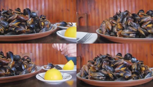 餐馆里盘子里的海鲜贻贝高清在线视频素材下载