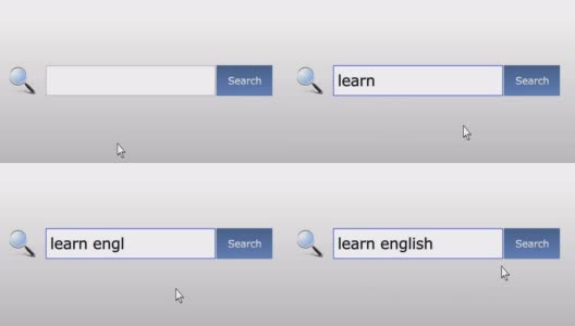 学英语-图形浏览器搜索查询，网页搜索，用户输入搜索相关结果，计算机上网技术。网页浏览打字字母，填写表格按下查找按钮，导航到搜索结果页面，在线工作高清在线视频素材下载