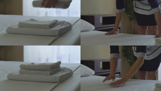 服务员叠毛巾，铺床，五星级酒店优质服务高清在线视频素材下载