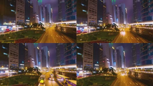 时光流逝，夜晚灯光交通与香港城市天际线高清在线视频素材下载
