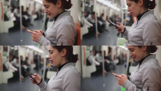 一个红发女人在地铁上发短信高清在线视频素材下载