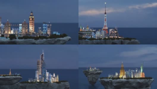 海洋上浮动岛屿上微型城市的3d动画高清在线视频素材下载