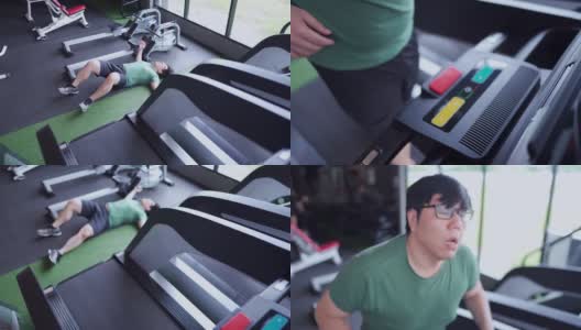 超重的书呆子在跑步机上跑累了，倒在健身房的地板上高清在线视频素材下载