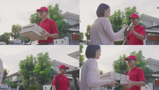 亚洲送货男工人穿着红色制服搬运食物，披萨给年轻漂亮的女顾客在房子前面。邮差和快递杂货配送服务理念高清在线视频素材下载
