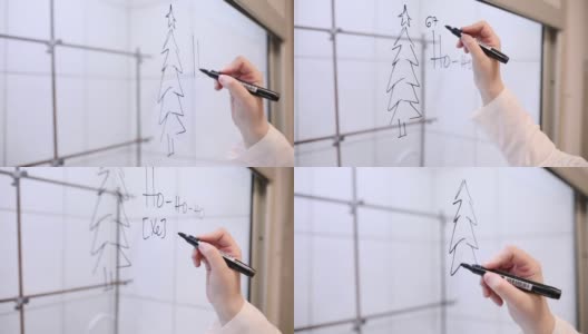 一位化学家在白板上画了一棵新年的树，并在树旁边写下了著名的圣诞老人“嗬嗬嗬”的祝福高清在线视频素材下载