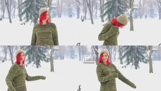 顽皮的红发，在雪上快乐高清在线视频素材下载