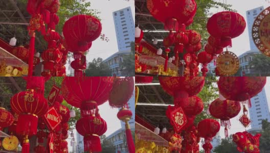春节假期或农历新年前，亚洲街头市场上出售的五颜六色的红色和金色的中国灯笼。春节的概念。到亚洲旅行高清在线视频素材下载