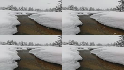 冬天的风景。近距离观察从山间流淌的河水融化着深深的白雪。背景。高清在线视频素材下载