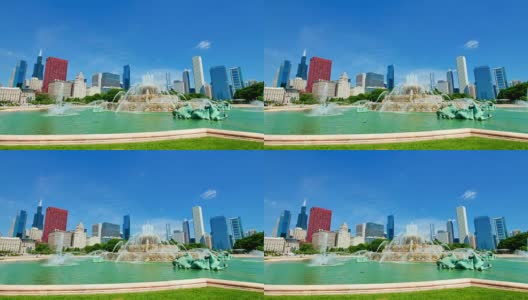 从白金汉宫喷泉看芝加哥市中心的天际线高清在线视频素材下载