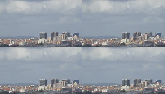 一架双引擎飞机在葡萄牙里斯本市的跑道上着陆。后视图高清在线视频素材下载