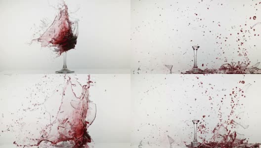 一杯红酒在白色背景下碎裂溅溅，慢镜头4K高清在线视频素材下载