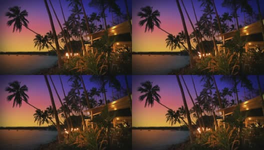 日落时分的热带岛屿海滩酒吧和餐厅，斐济。高清在线视频素材下载