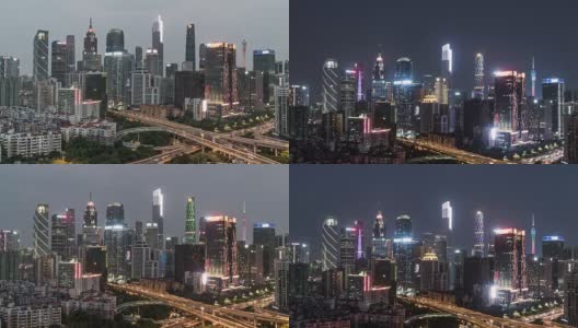 T/L WS TU高角度视角的广州Skylinek，从黄昏到夜晚/中国广东高清在线视频素材下载