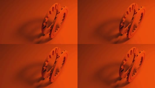 红橙色配对齿轮在红橙色背景- 3D渲染视频剪辑高清在线视频素材下载