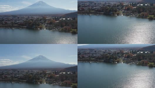 清晨鸟瞰富士山和川口湖高清在线视频素材下载